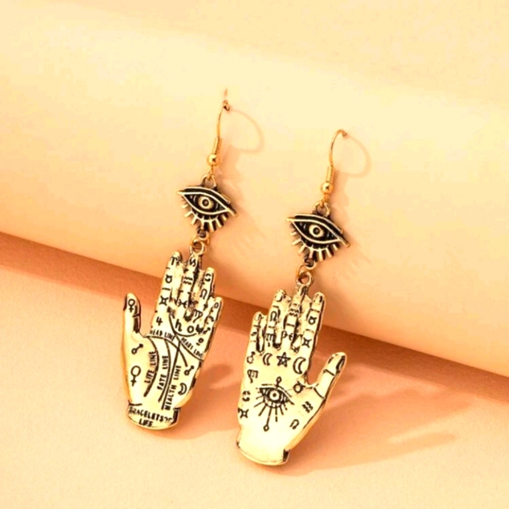 PALMISTRY FORTUNE TELLER EARRINGS GOLD NEW